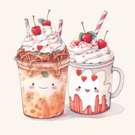 Two cups of coffee with whipped cream and cherries. Vector illustration.の素材