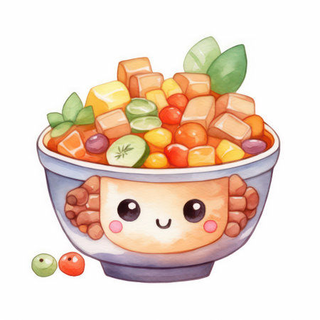 Cute cartoon character of a bowl of salad. Vector illustration.の素材
