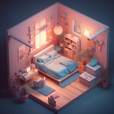 Interior of a childrens room with a bed, a wardrobe and a lamp. 3d renderingの素材