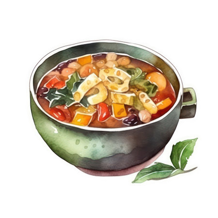 Watercolor illustration of a bowl of soup with vegetables and pasta.の素材