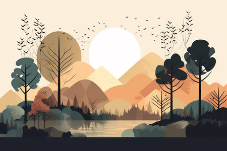 Landscape with lake, mountains and forest. Vector illustration in flat style.の素材