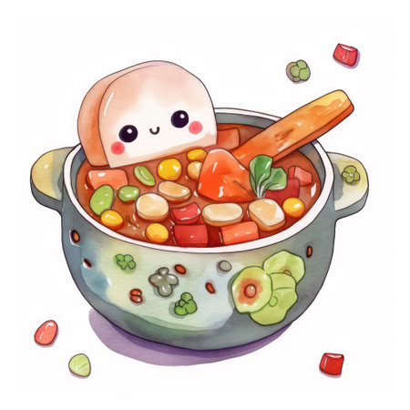 Vegetable soup in a pot. Watercolor illustration on a white background.の素材
