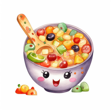 Cute cartoon bowl of oatmeal with different fruits and vegetables.の素材