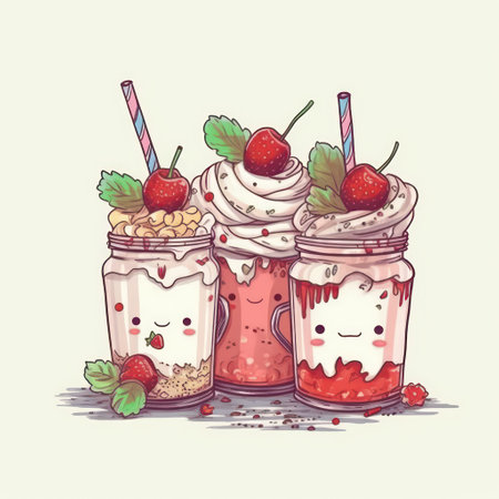 Funny cartoon milkshakes with fruits and berries. Vector illustration.の素材