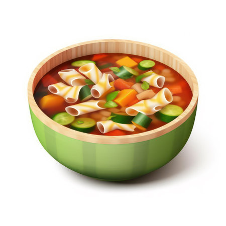 Bowl of soup with noodles and vegetables isolated on white background.の素材