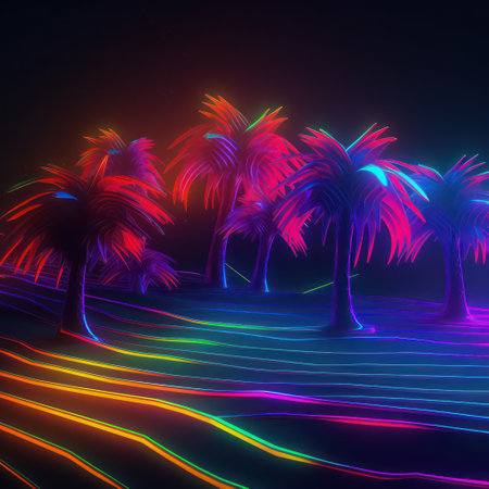 Tropical palm trees with glowing neon lines. 3d renderingの素材