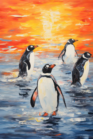 Penguins on the background of the sunset. Illustration.の素材