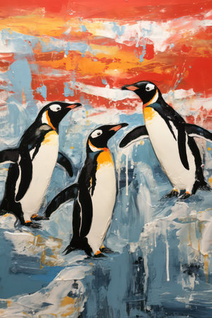 Penguins on a background of an oil painting on canvas.の素材