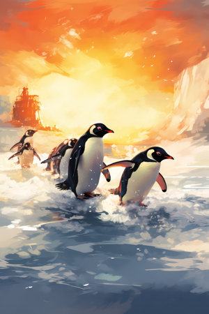 Penguins in the sea at sunset. 3D illustration.の素材