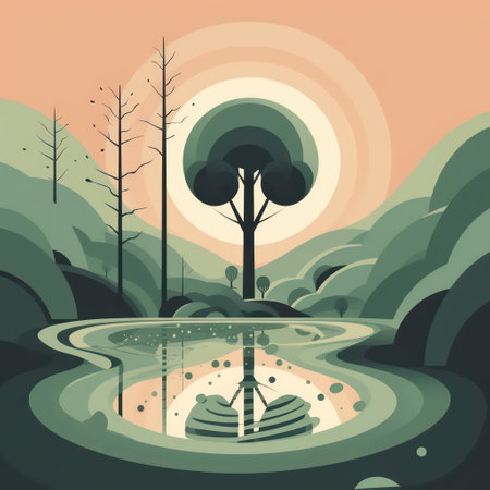 Vector illustration of a beautiful nature landscape with a pond and trees.の素材