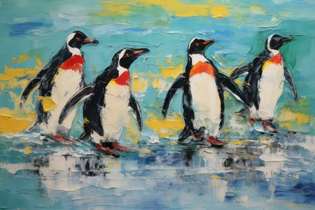 Penguins on the ice. Watercolor painting on canvas.の素材