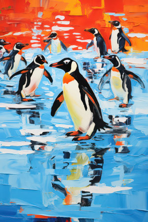 Penguins in the zoo. The picture was painted by hand.の素材