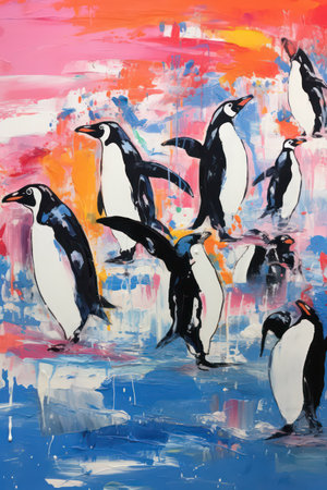 Penguins on an abstract background. Painting on canvas by hand.の素材