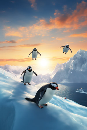 penguins on the ice floe at sunset. 3d renderの素材