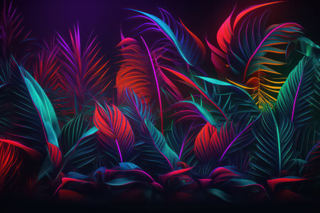 Tropical palm leaves on dark background. Vector illustration in neon colorsの素材