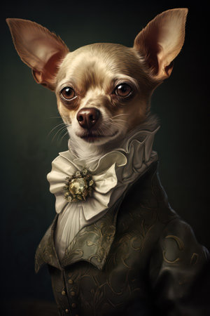 Chihuahua dog in a suit and bow tie on a dark backgroundの素材