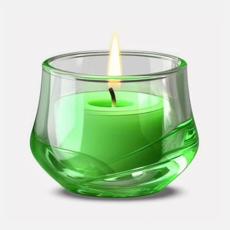 Green candle in a glass candlestick isolated on white background.の素材