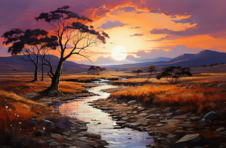 Sunset over the river in the Australian outback. Digital painting.の素材