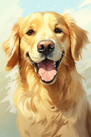 Digital painting of a golden retriever standing in the water and looking at the cameraの素材