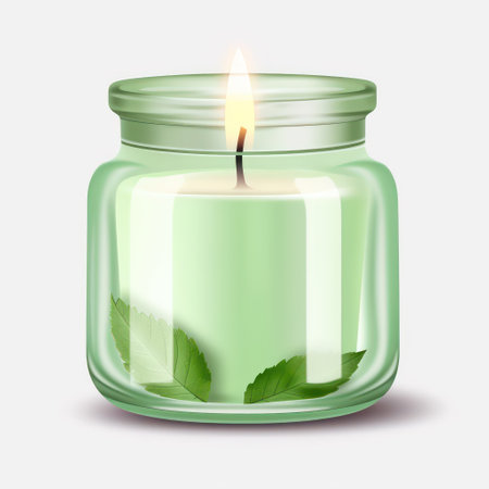 Candle in a glass jar with green leaves. Vector illustration.の素材