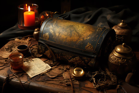 Antique treasure chest on a dark background with a burning candle and books.の素材