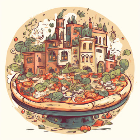 Pizza with vegetables. Italian cuisine. Vector illustration in retro style.の素材