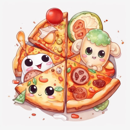 Cartoon pizza with kawaii characters on white background. Vector illustration.の素材