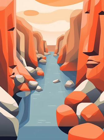Beautiful cartoon landscape with a river in the mountains. Vector illustrationの素材