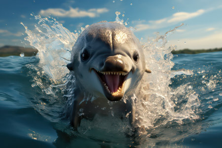 Dolphin swimming in the sea at sunset. 3d illustration.の素材
