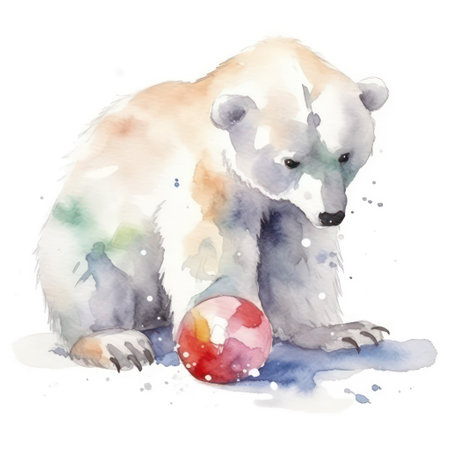 Polar bear with a red ball. Watercolor hand drawn illustrationの素材