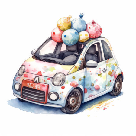 Hand drawn watercolor illustration of a cute car with colorful balls.の素材