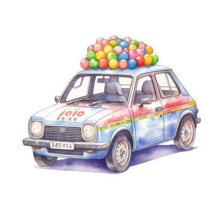 Watercolor car with balloons on the roof. Illustration on white background.の素材