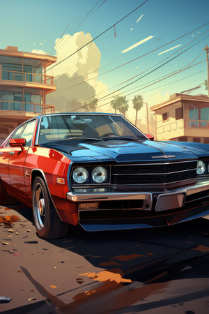 American classic car in the city. 3D illustration. Vintage style.の素材