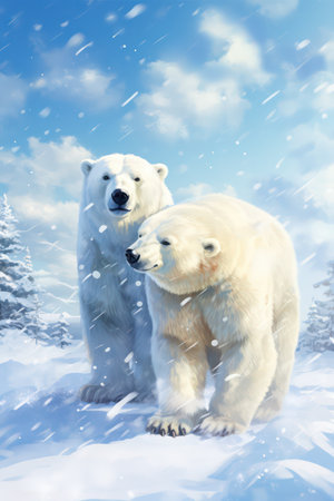 Two polar bears in the snowy forest. Polar bears in the winter forest.の素材