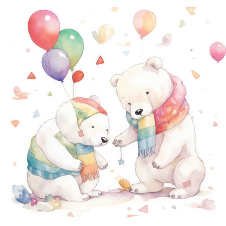 Watercolor couple of cute polar bears in scarf with colorful balloons.の素材