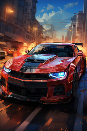 Car accident on the road with flames and smoke. 3d renderingの素材