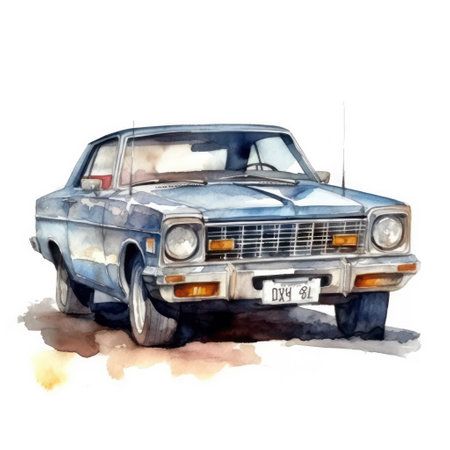 Vintage american car on white background. Watercolor hand drawn illustrationの素材