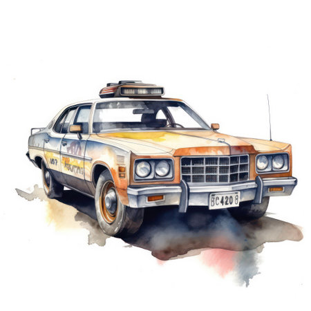 Old american police car on a white background. Watercolor illustrationの素材