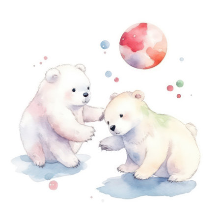 Watercolor illustration of two cute polar bears playing with each other.の素材