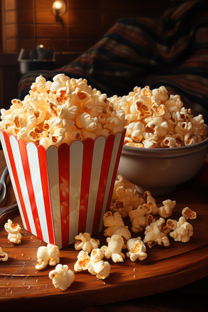 Popcorn in a striped bucket on a wooden background. Selective focus.の素材