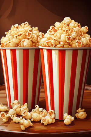 Popcorn in striped buckets on wooden background. Vector illustration. Eps 10の素材