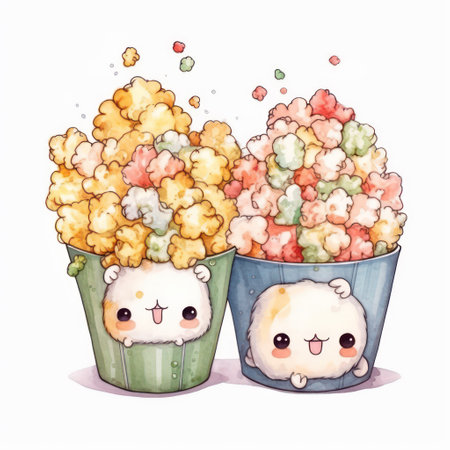 Cute cartoon bear and polar bear eating popcorn. Vector illustration.の素材