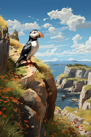 cartoon scene with puffin bird on cliff - illustration for childrenの素材
