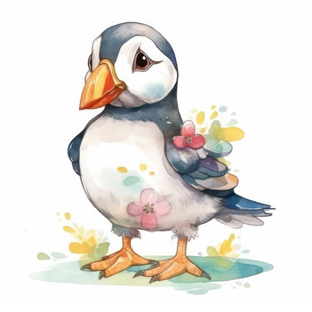 watercolor drawing of a puffin with flowers on a white backgroundの素材
