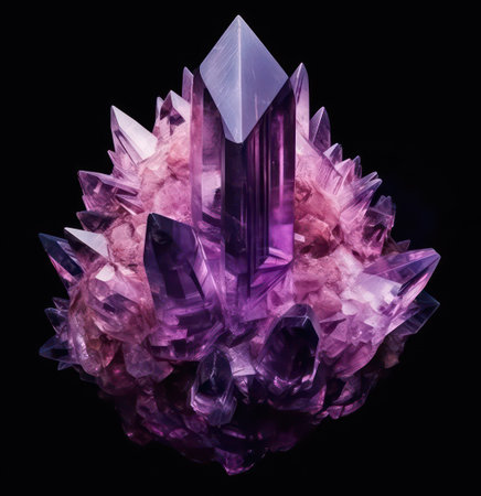 Purple crystal on black background. 3D illustration. Top view.の素材