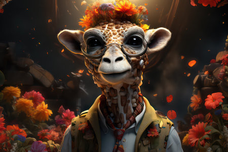 Fantasy portrait of giraffe in the forest, 3D illustrationの素材