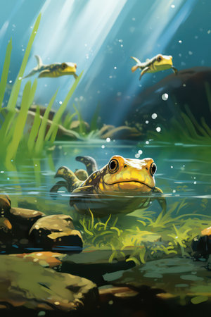 Frog in the aquarium. Underwater scene. 3d renderingの素材