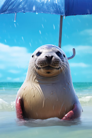seal under an umbrella on the beach, photo as a background, digital imageの素材