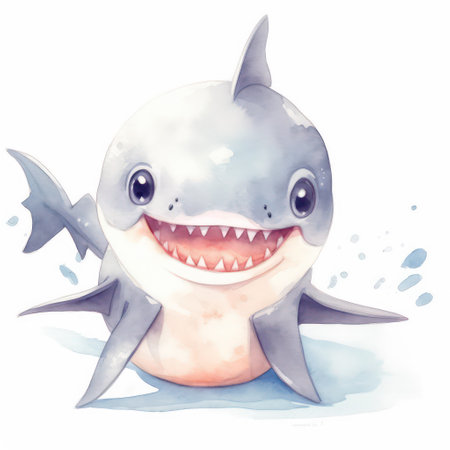 cartoon shark on white background - watercolor illustration for your designの素材