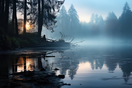 Foggy morning on the lake with trees in the background.の素材